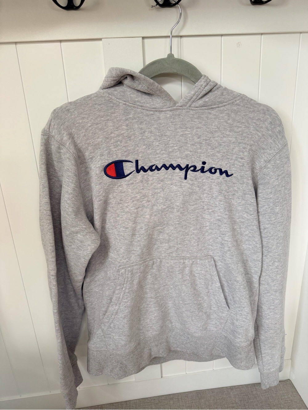 Champion Gray Crewneck Hoodie with Navy & Red Logo